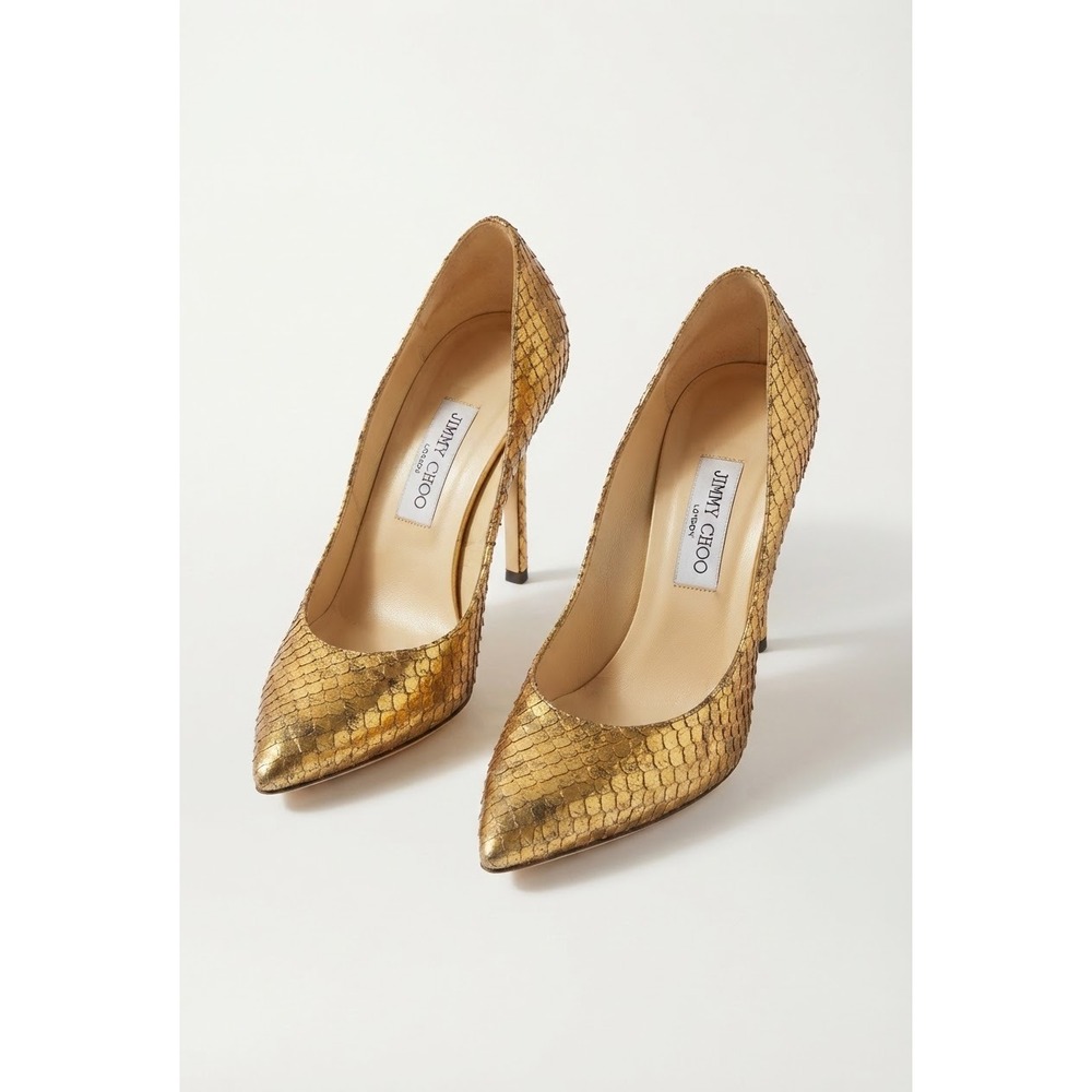 Jimmy Choo Gold Metallic Snakeskin Embossed Pointed Toe Pumps Heels Size 39